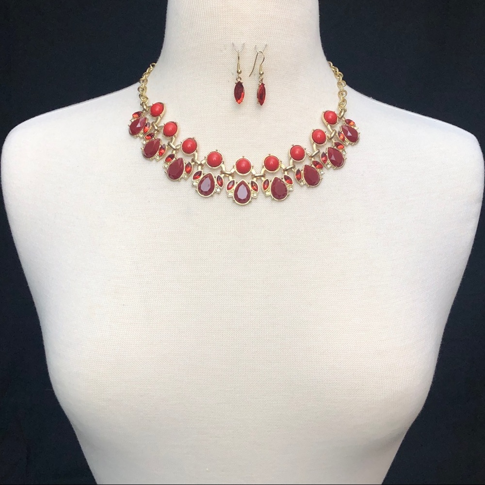 Red Abstract Flair Gem Necklace Earrings Set - Picture 2 of 3
